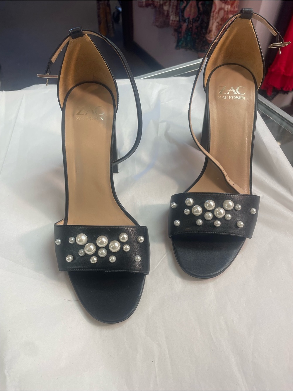 ZAC Zac Posen Black Pearl-Embellished Open-Toe Ankle-Strap Heels
